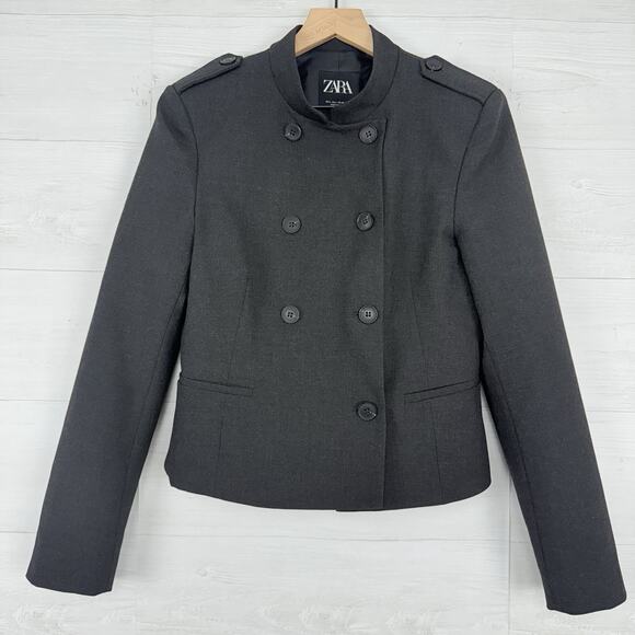 Zara Fitted Blazer Jacket with Tabs Medium Dark Gray Academia Double Breasted - Picture 15 of 16